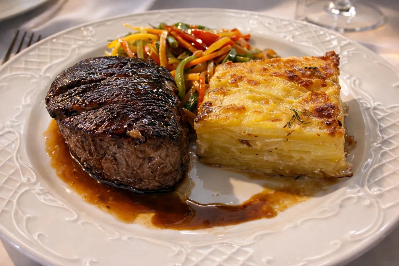 Beef sirloin with potato gratin at La Font del Gall, Pollença